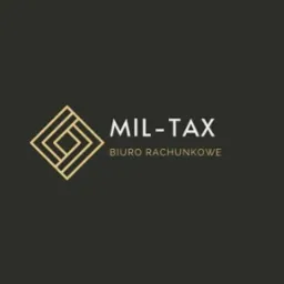 Eleganckie logo 'MIL-TAX' Biuro Rachunkowe na ciemnoszarym tle z geometrycznym znakiem graficznym po lewej stronie. Minimalistyczny design.