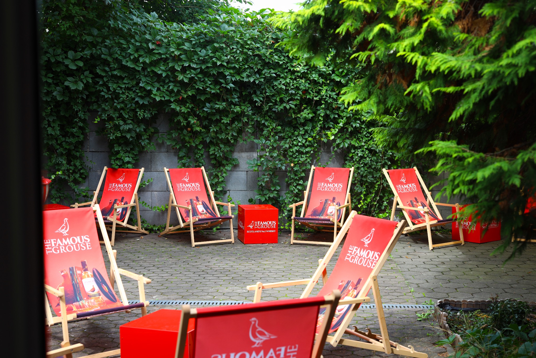 Ustawione na zewnątrz, na brukowanym patio, leżaki z drewnianą ramą i czerwonym płótnem z logo marki whisky, otoczone zielenią pnączy i drzew, tworzące strefę relaksu.