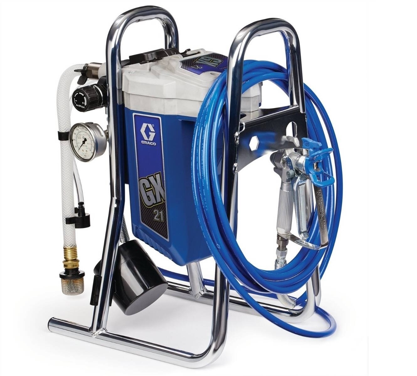 Profesjonalny agregat malarski Graco GX 21 z chromowanym stelażem, manometrem i niebieskim zbiornikiem na farbę, widoczne akcesoria i dysza natryskowa.