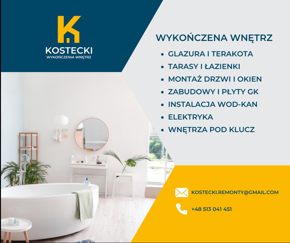 Grafika reklamowa firmy Kostecki Wykończenia Wnętrz prezentująca wizualizację łazienki z wanną wolnostojącą, okrągłym lustrem i elementami dekoracyjnymi, po prawej stronie wypisane usługi: glazura,...