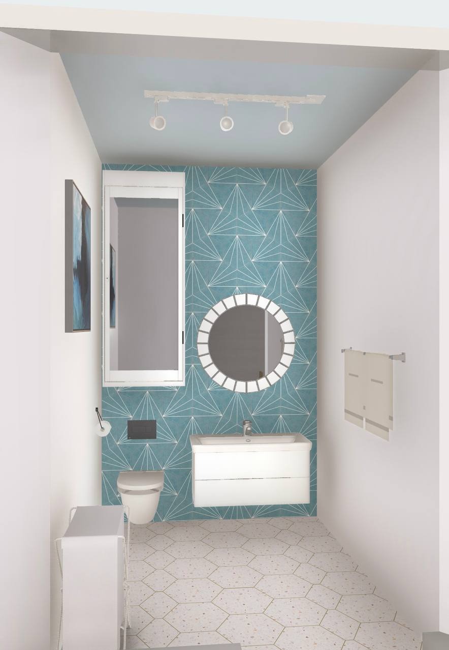 Wizualizacja łazienki z turkusową ścianą w geometryczne wzory, okrągłym lustrem z białymi elementami, białą szafką pod umywalką i heksagonalną podłogą w jasnych barwach.
