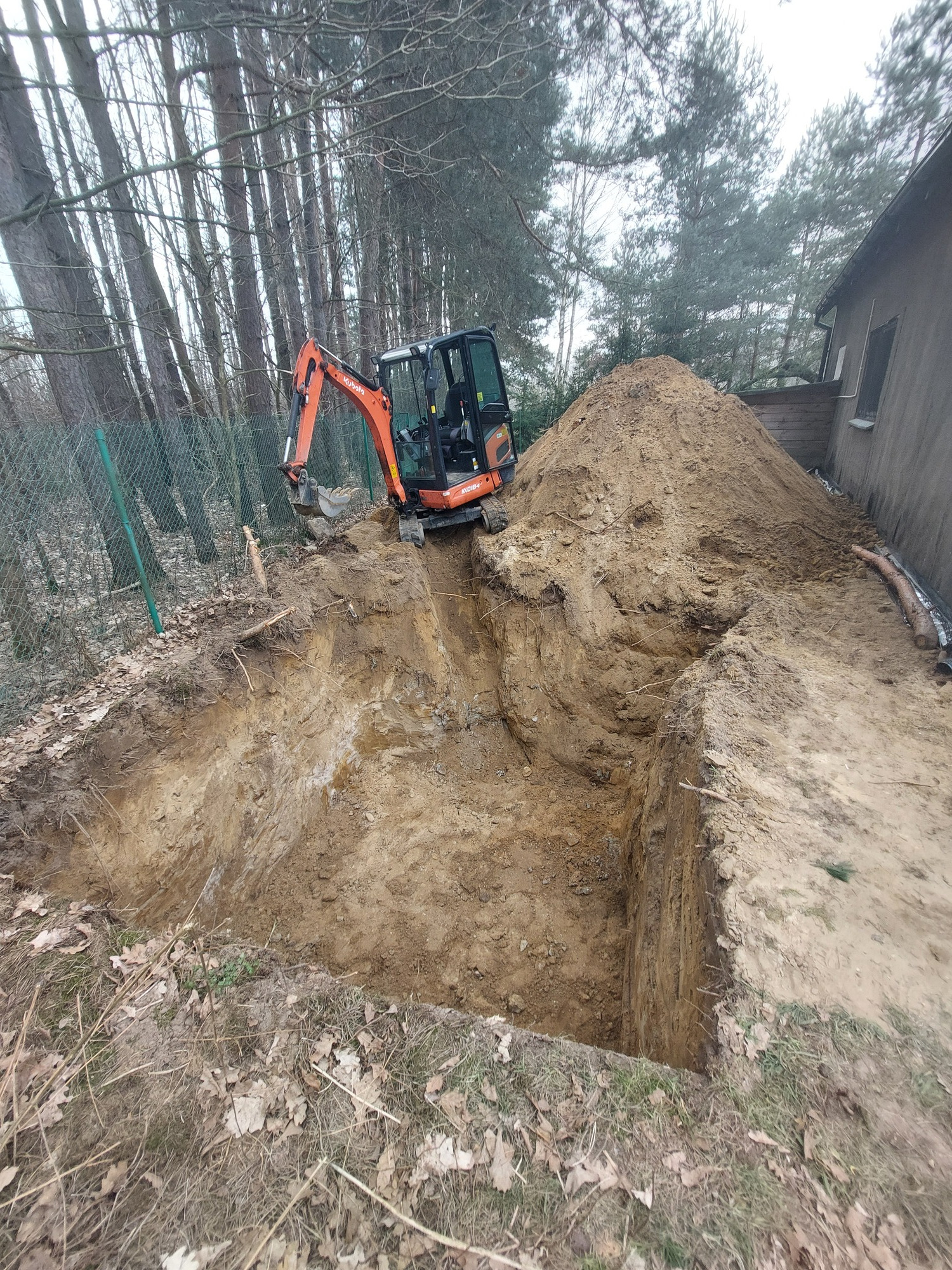 Pomarańczowa minikoparka Kubota przy głębokim wykopie w Stanisławowie. Prace ziemne w ogrodzie, widoczne drzewa i budynek w tle. Głębia ostrości.