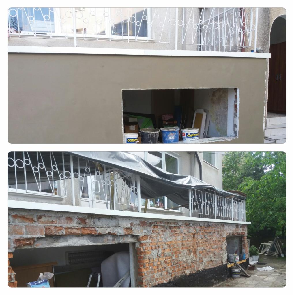 Dwuetapowe ujęcie: górna część balkonu z nowym tynkiem i oknem w trakcie prac, dolna część balkonu z odsłoniętą starą cegłą i zadaszeniem ochronnym.