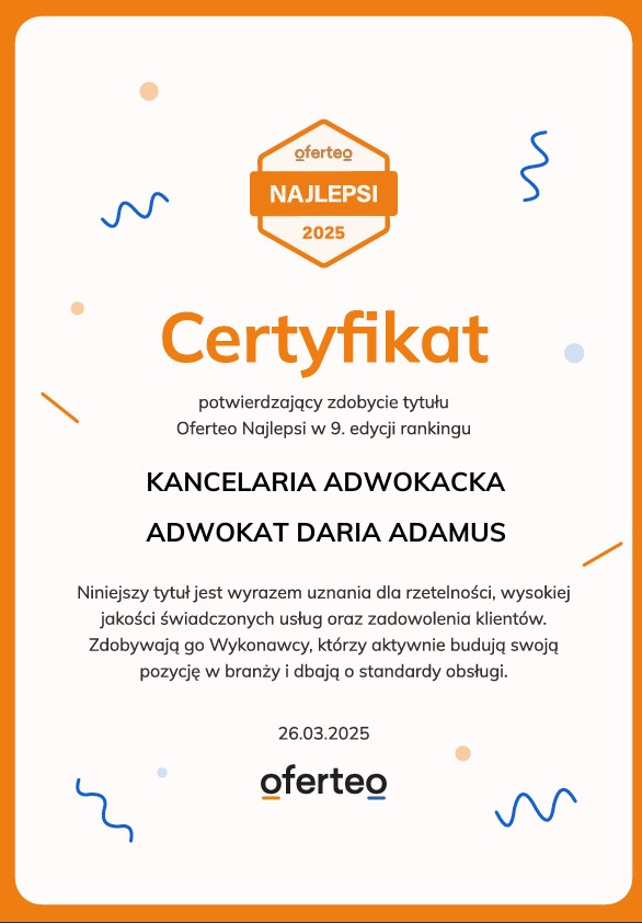 Certyfikat Oferteo Najlepsi 2025 dla Kancelarii Adwokackiej Adwokat Daria Adamus, potwierdzający wysoką jakość usług i zadowolenie klientów.