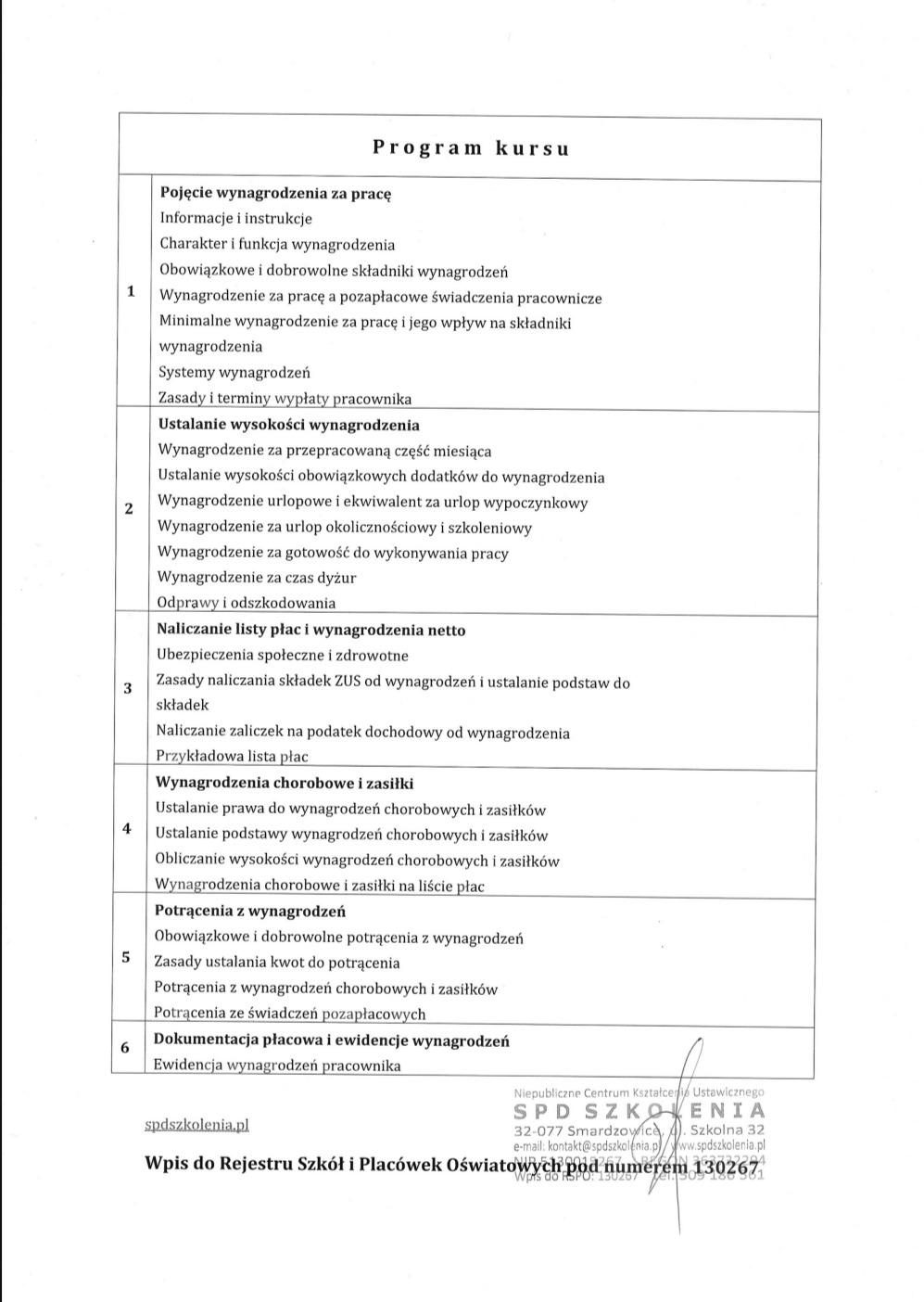 Skan dokumentu przedstawiającego program kursu z zakresu wynagrodzeń, obejmujący zagadnienia takie jak ustalanie wysokości wynagrodzenia, naliczanie list płac, wynagrodzenia chorobowe...