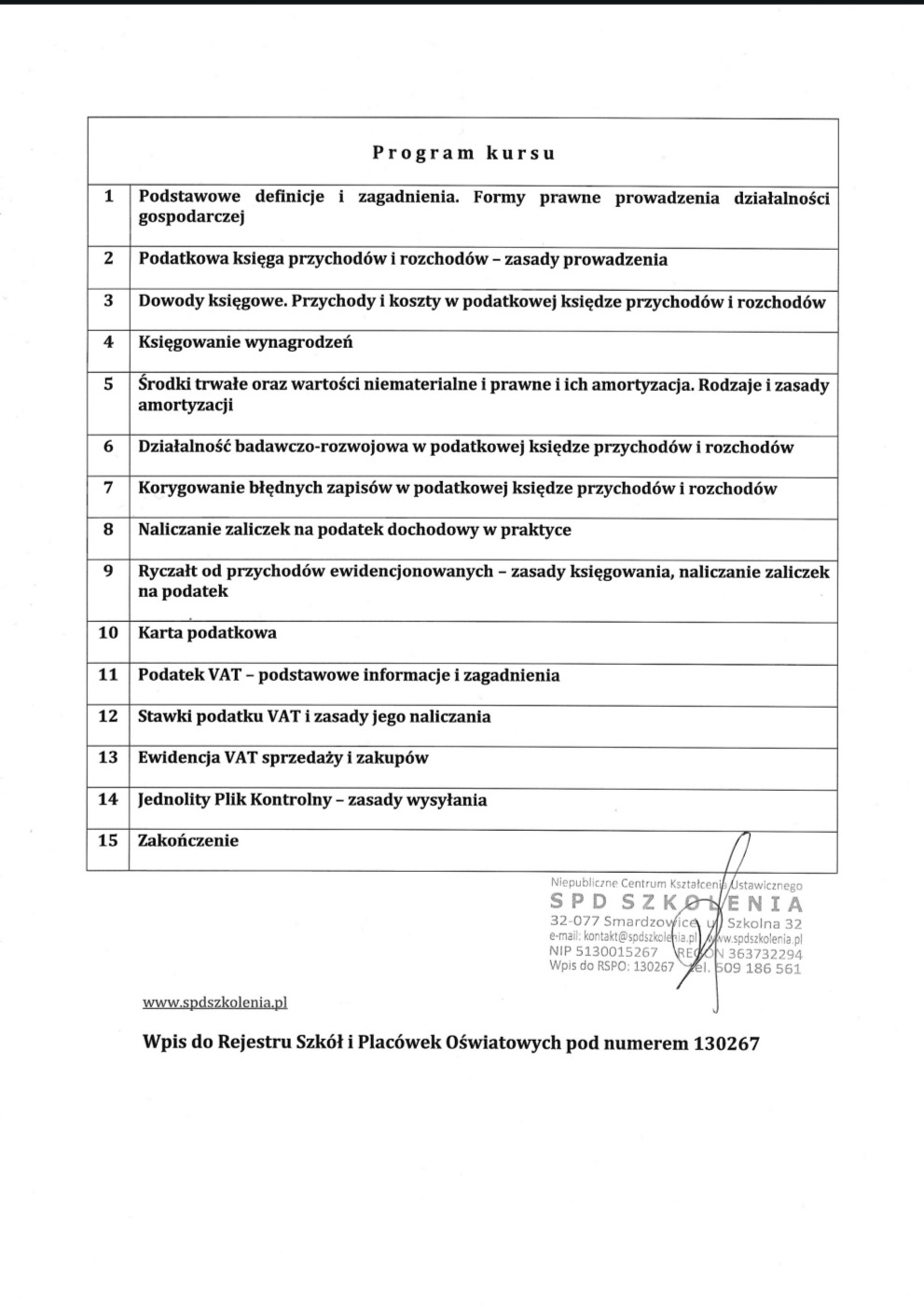 Skan dokumentu z programem kursu dotyczącego zagadnień księgowych i podatkowych, obejmującego m.in. definicje, księgę przychodów i rozchodów, dowody księgowe, wynagrodzenia, VAT i JPK.