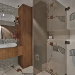 Nowoczesna łazienka z drewnianą szafką pod umywalką, dekoracyjnymi płytkami i kabiną prysznicową z motywem kintsugi, oświetlona wiszącymi lampami.