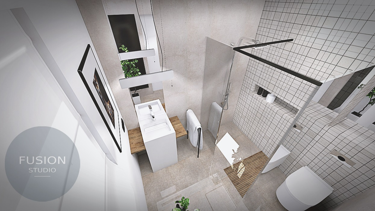 Wizualizacja nowoczesnej łazienki z białymi płytkami, kabiną prysznicową typu walk-in z czarną ramą, podwójną umywalką nablatową z drewnianym blatem, wiszącą toaletą i dekoracyjnymi roślinami.