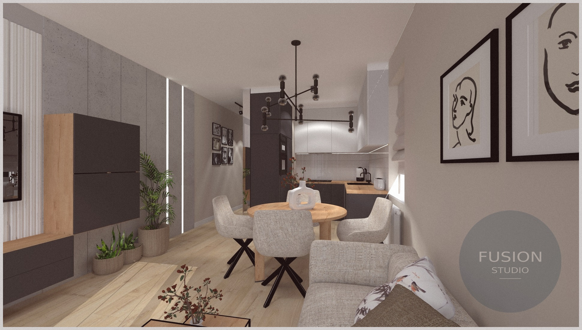 Wizualizacja salonu z aneksem kuchennym w Poznaniu, z okrągłym stołem, krzesłami na czarnych nogach i nowoczesnym oświetleniem. Na ścianie wiszą grafiki w czarnych ramkach.