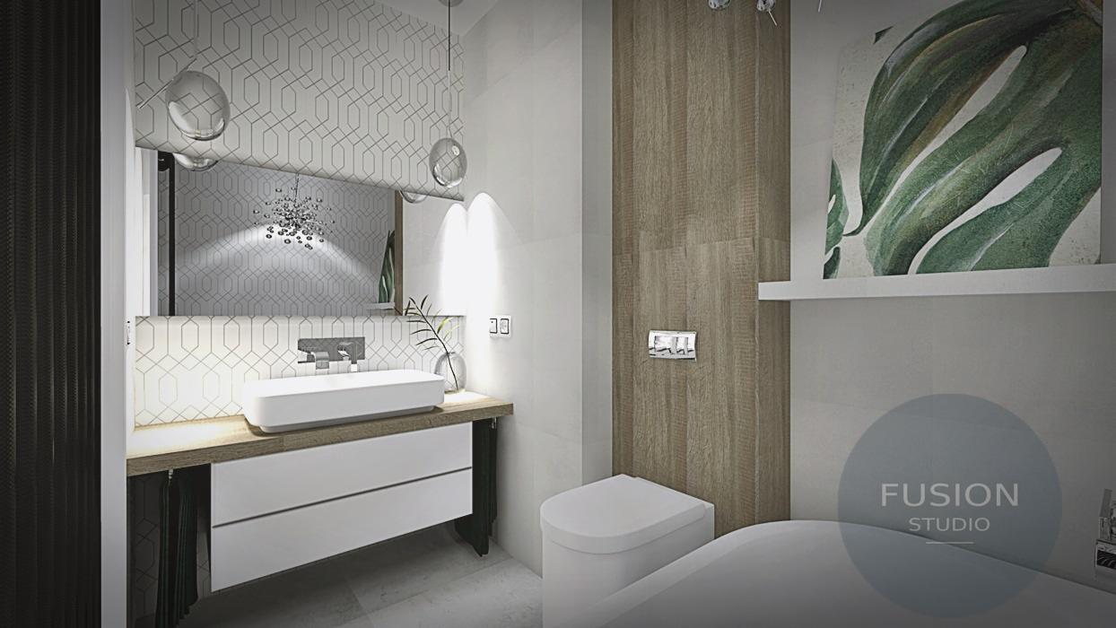 Nowoczesna łazienka z umywalką nablatową, drewnianym blatem, wiszącą toaletą, akcentem drewna na ścianie i obrazem z motywem liścia monstery.