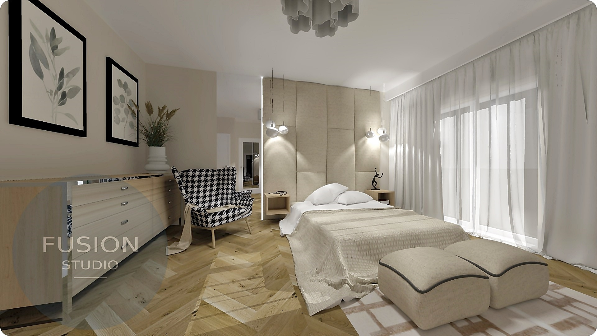 Wizualizacja sypialni z łóżkiem, dwoma pufami, komodą z dekoracjami, fotelem w pepitkę i panelami tapicerowanymi za łóżkiem.