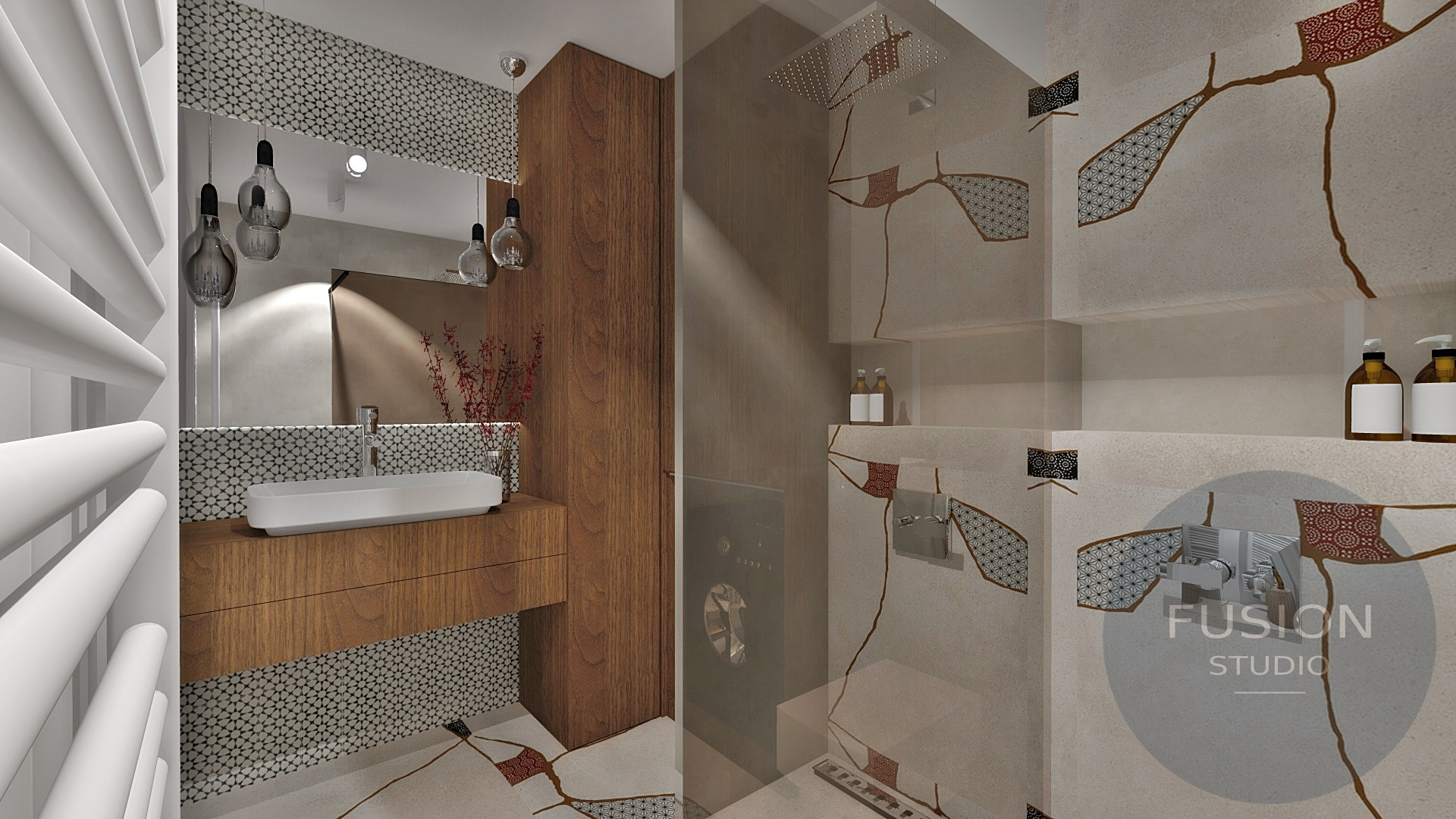 Nowoczesna łazienka z drewnianą szafką pod umywalką, dekoracyjnymi płytkami i kabiną prysznicową z motywem kintsugi, oświetlona wiszącymi lampami.