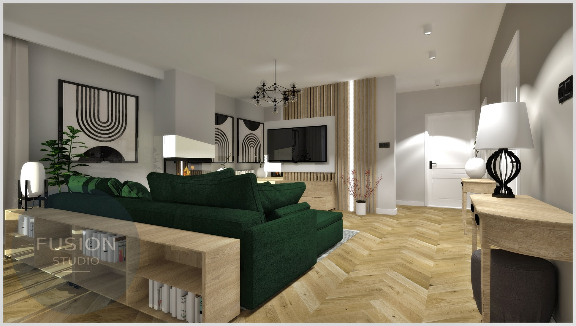 Wizualizacja salonu z zieloną sofą, parkietem w jodełkę, czarno-białymi grafikami na ścianie i dekoracyjnym oświetleniem, widok z perspektywy osoby stojącej w rogu pokoju.