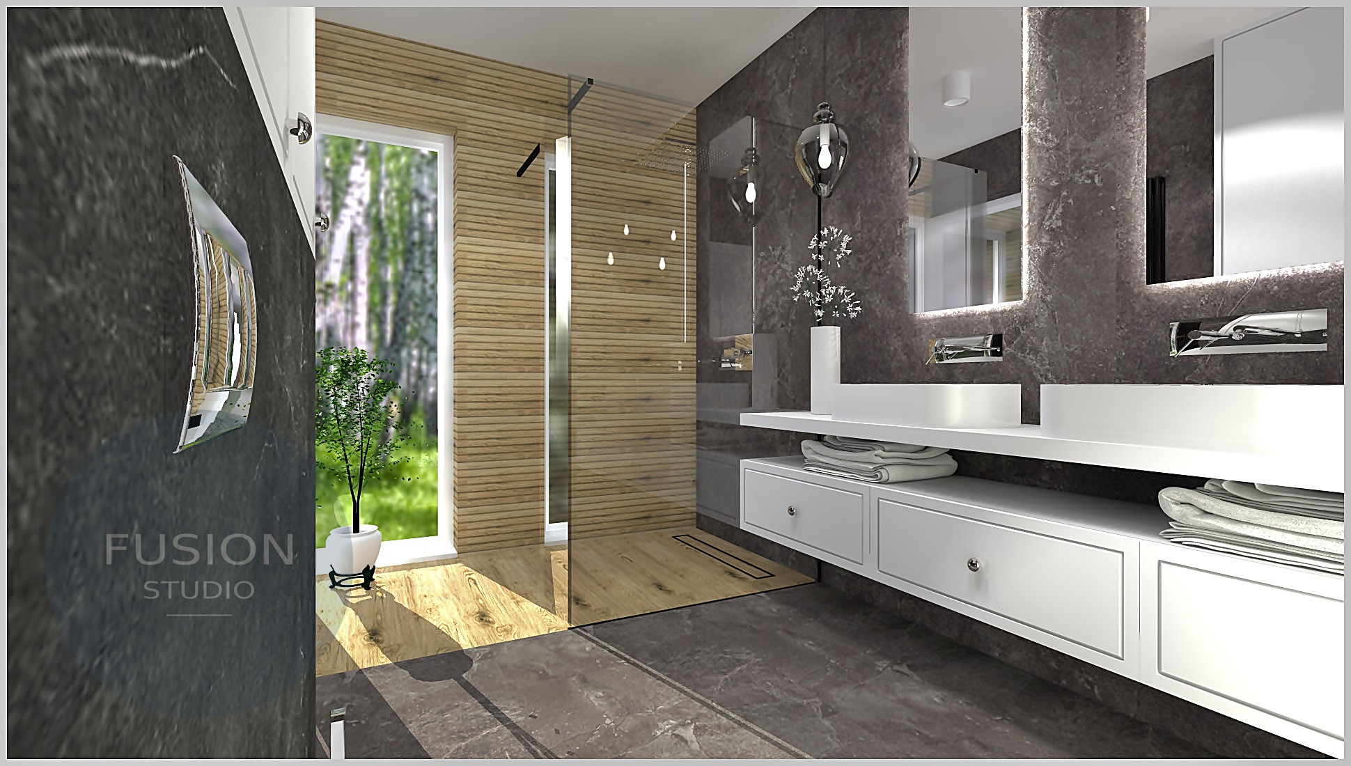 Wizualizacja nowoczesnej łazienki z drewnianą kabiną prysznicową typu walk-in, podwójną umywalką nablatową na białej szafce z szufladami, marmurową ścianą i oknem z widokiem na las.