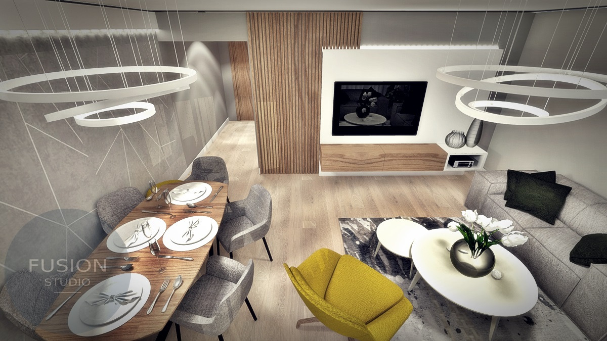 Wizualizacja salonu z jadalnią: drewniany stół z szarymi krzesłami, okrągłe wiszące lampy, żółty fotel, szara sofa z zielonymi poduszkami, ściana z drewnianymi lamelami, telewizor.