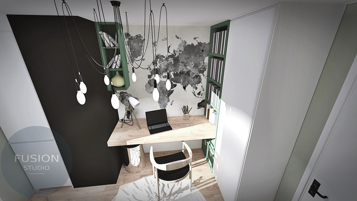 Wizualizacja gabinetu z biurkiem, laptopem i lampą na tle ściany z mapą świata, oświetlonego wiszącymi lampami z żarówkami Edisona i zielonymi regałami.