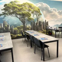 Sala szkoleniowa z długimi stołami, krzesłami, materiałami informacyjnymi i projektorem na tle fototapety przedstawiającej futurystyczny krajobraz z drzewami i drapaczami chmur.