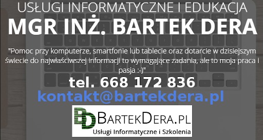 Reklama usług informatycznych i edukacyjnych z danymi kontaktowymi Mgr Inż. Bartek Dera, umieszczona na tle klawiatury laptopa.