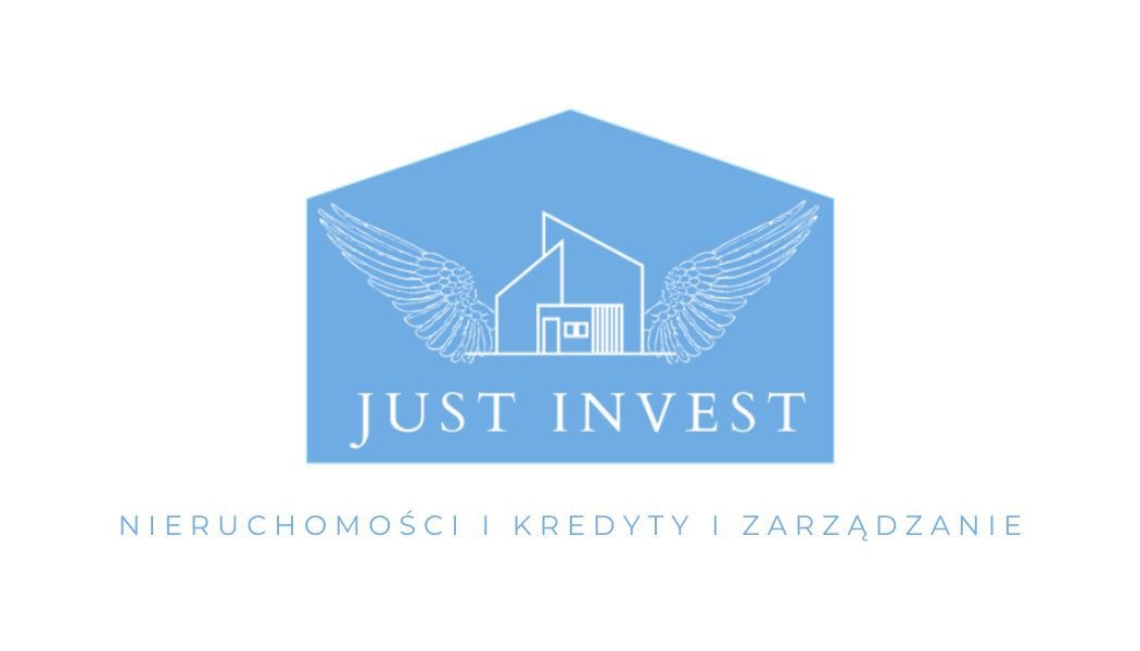 Logo firmy Just Invest: stylizowany dom z skrzydłami anioła na błękitnym tle, z napisem 'Nieruchomości | Kredyty | Zarządzanie' poniżej.