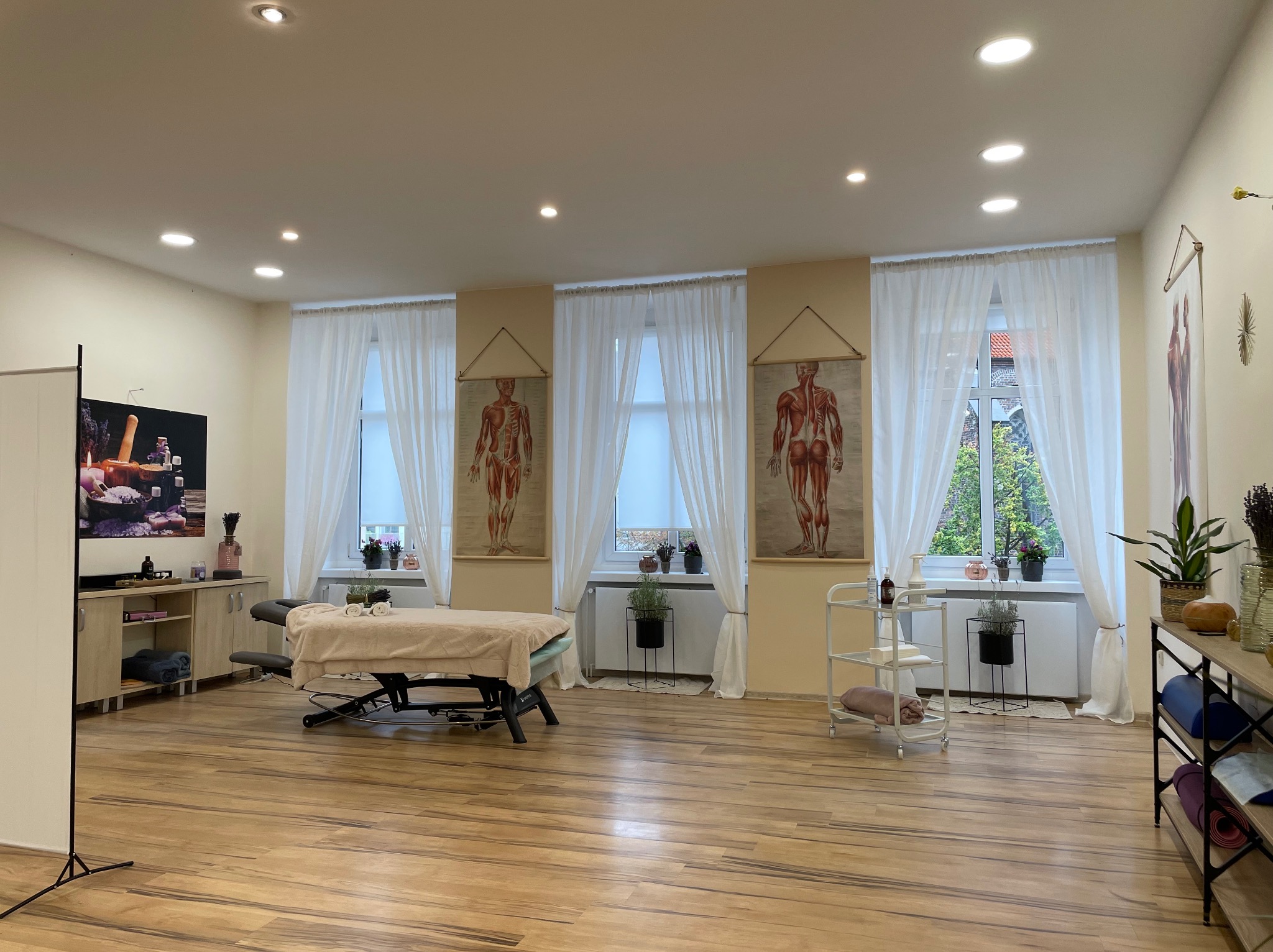 Jasne wnętrze gabinetu z łóżkiem do masażu przykrytym beżowym pledem, anatomiczne plansze wiszące na ścianach, drewniana podłoga i liczne rośliny doniczkowe.