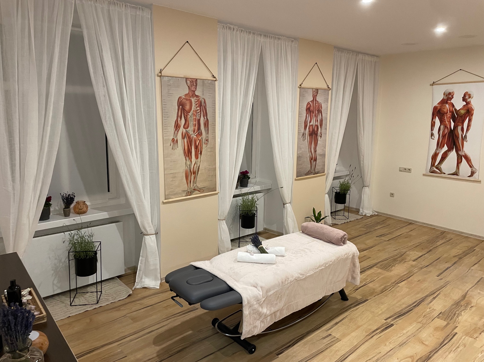 Jasne wnętrze gabinetu z drewnianą podłogą, łóżkiem do masażu przykrytym beżowym kocem i białymi ręcznikami, ozdobione plakatami anatomicznymi i roślinami w doniczkach.