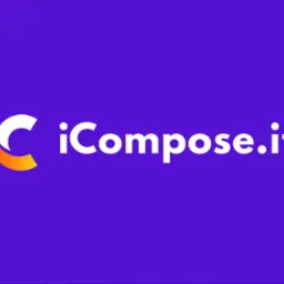 Logo firmy iCompose.it na fioletowym tle. Logo składa się z białego napisu i elementu graficznego w kształcie litery 'C' z gradientem od pomarańczowego do białego.