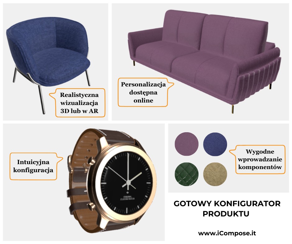 Gotowy konfigurator produktu online: fotel, sofa i zegarek z możliwością personalizacji kolorów i komponentów.