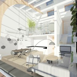 Ewa Musialik-Sojka Out-In - Wizualizacja przestronnego, jasnego wnętrza z antresolą i roślinami, ukazująca salon z szarą sofą, okrągłym stolikiem kawowym i lampą łukową, a także jadalnię z drewnianym stołem i szarymi...