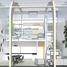 Ewa Musialik-Sojka Out-In - Wizualizacja dwupoziomowego mieszkania z salonem, jadalnią i kuchnią, z drewnianymi elementami konstrukcyjnymi, dekoracją ścienną z heksagonów i roślinami doniczkowymi.