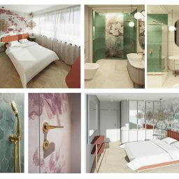 Ewa Musialik-Sojka Out-In - Wizualizacja wnętrz: sypialnia z łazienką w stylu nowoczesnym z motywami roślinnymi, widoczne tapety z kwiatami, złota armatura w łazience, drewniana podłoga w jodełkę i lampy w stylu azjatyckim.