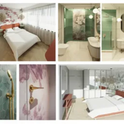 Wizualizacja wnętrz: sypialnia z łazienką w stylu nowoczesnym z motywami roślinnymi, widoczne tapety z kwiatami, złota armatura w łazience, drewniana podłoga w jodełkę i lampy w stylu azjatyckim.