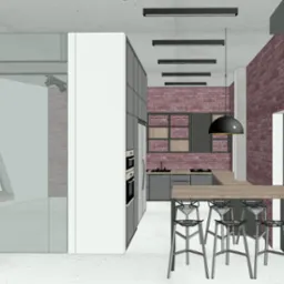 Wizualizacja kuchni z ceglaną ścianą, szarymi szafkami, drewnianym blatem i nowoczesnymi hokerami. Widoczne oświetlenie sufitowe i przeszklone drzwi do innego pomieszczenia.