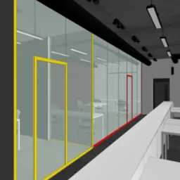 Wizualizacja wnętrza biura z przeszklonymi ścianami działowymi w żółtych i czerwonych ramach, widok na stanowiska pracy i oświetlenie sufitowe.