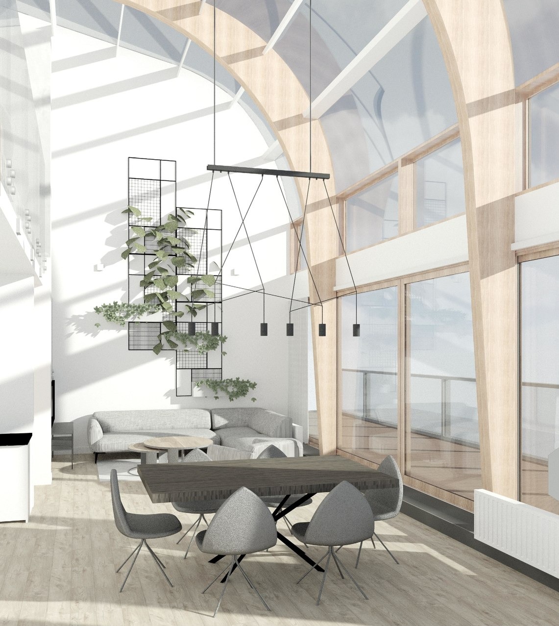 Wizualizacja jasnego salonu z wysokim, przeszklonym dachem, drewnianymi elementami konstrukcyjnymi, ścianą z siatki z roślinami, szarą sofą narożną i stołem z szarymi krzesłami na drewnianej podłodze.