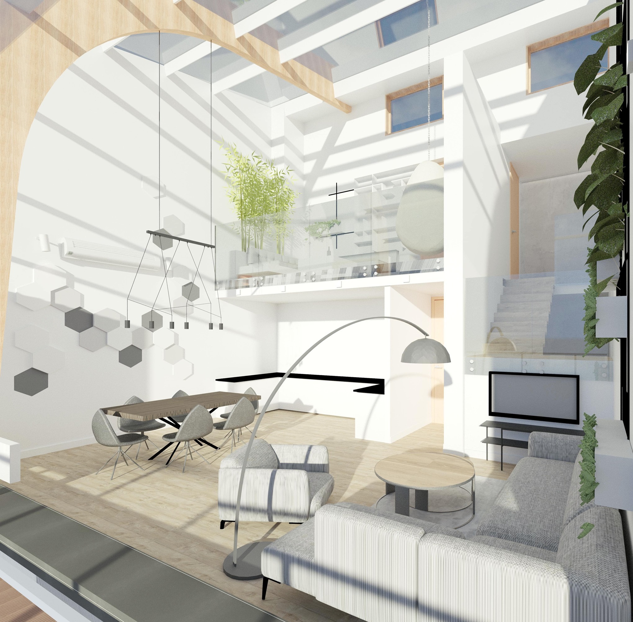 Wizualizacja przestronnego, jasnego wnętrza z antresolą i roślinami, ukazująca salon z szarą sofą, okrągłym stolikiem kawowym i lampą łukową, a także jadalnię z drewnianym stołem i szarymi...