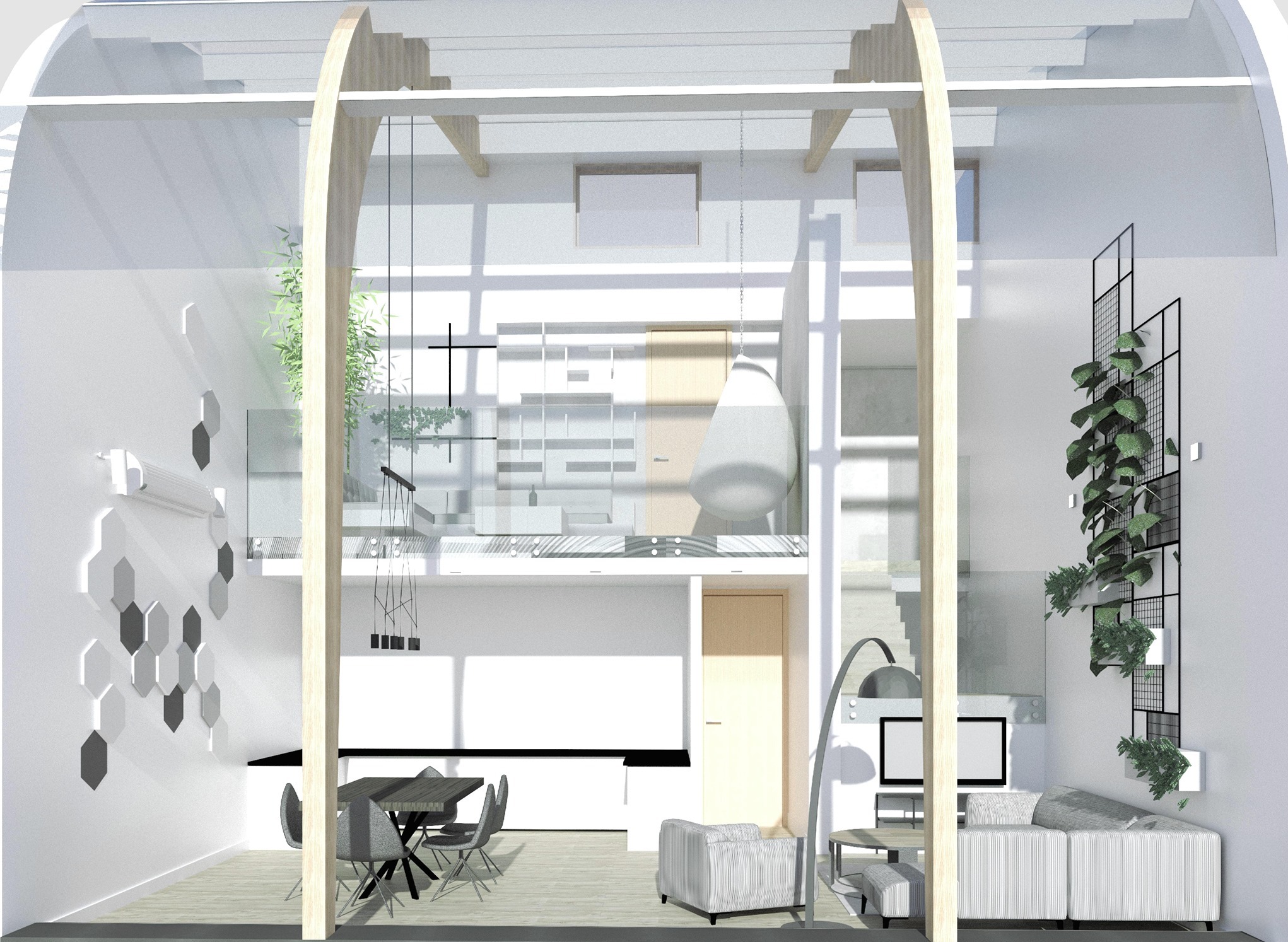 Wizualizacja dwupoziomowego mieszkania z salonem, jadalnią i kuchnią, z drewnianymi elementami konstrukcyjnymi, dekoracją ścienną z heksagonów i roślinami doniczkowymi.