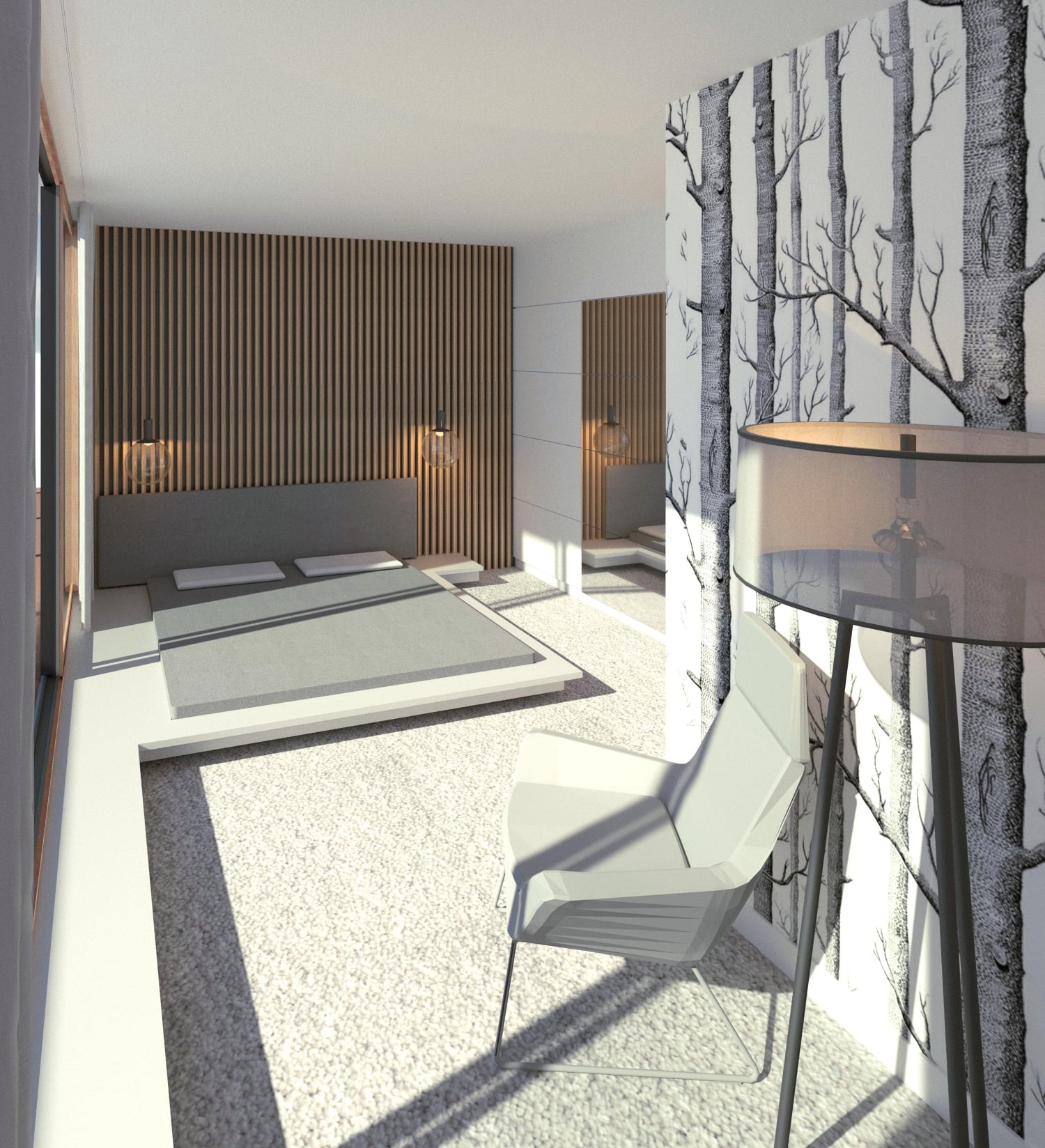 Wizualizacja sypialni z łóżkiem na podwyższeniu, drewnianą ścianą z lamelami i tapetą w motywie drzew, oświetlona lampą podłogową i wyposażona w białe krzesło.