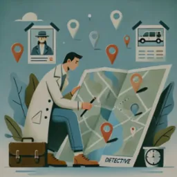 Ilustracja przedstawia detektywa w płaszczu, analizującego mapę z zaznaczonymi lokalizacjami, obok leży brązowa aktówka i zegar, a w tle wiszą zdjęcia przypięte taśmą.