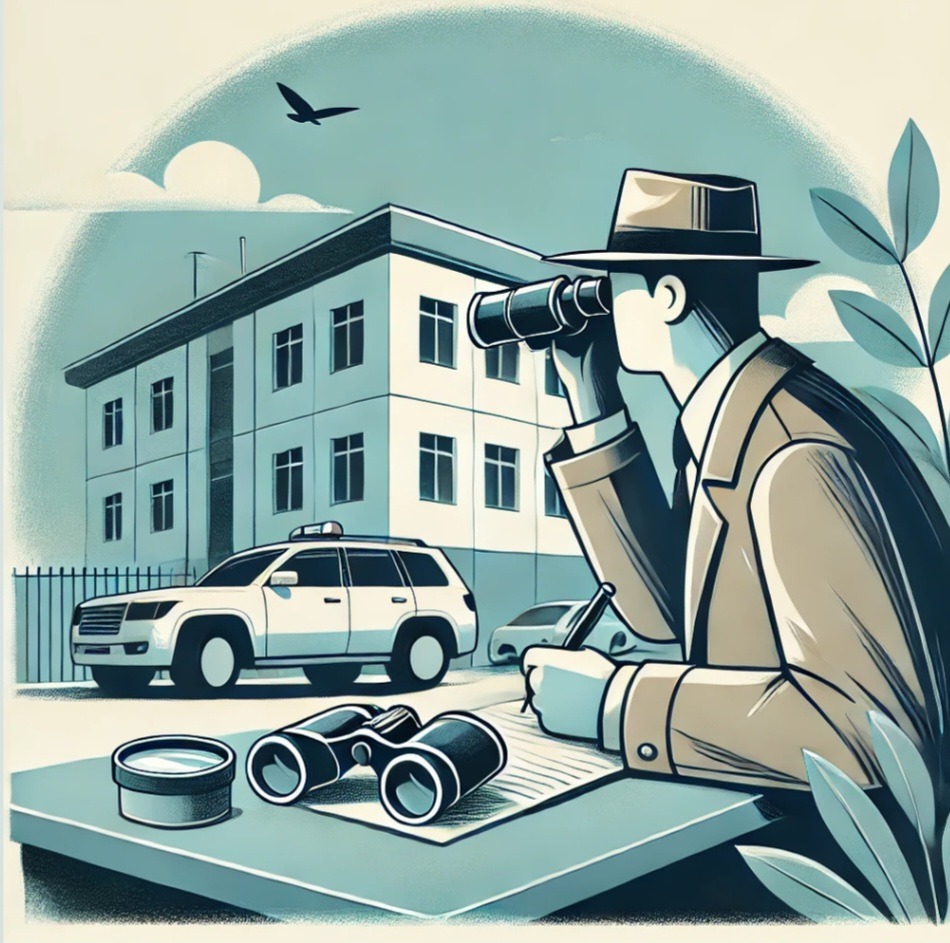 Ilustracja: Mężczyzna w kapeluszu i płaszczu obserwuje przez lornetkę budynek, notując coś na kartce; na stole leżą lornetki i pudełko, w tle zaparkowane samochody, w tym policyjny SUV.