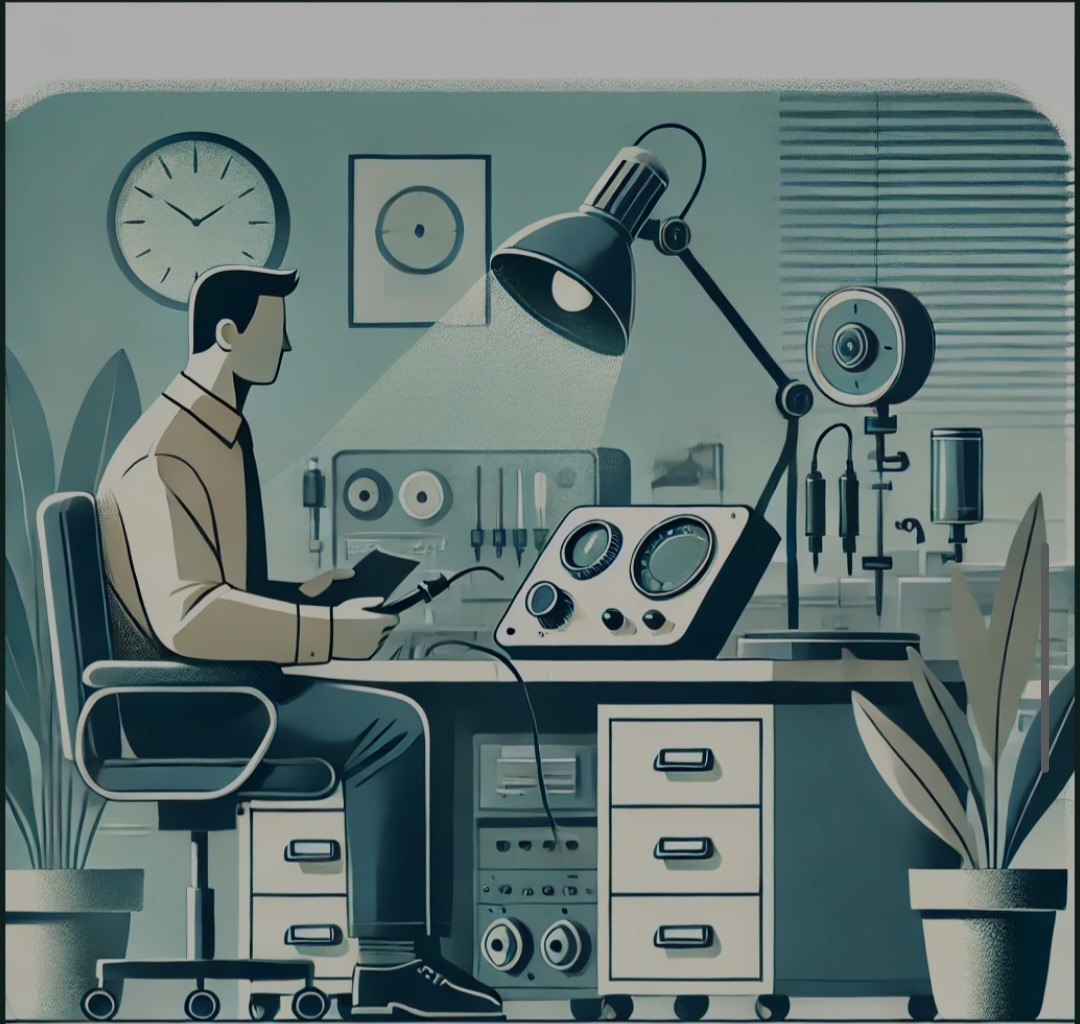 Stylizowana ilustracja: Mężczyzna siedzi przy biurku z urządzeniami pomiarowymi, lampą i zegarem na ścianie, trzymając dokument