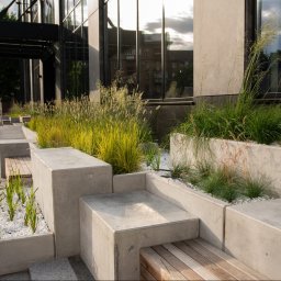 TOPIAR SPÓŁKA Z OGRANICZONĄ ODPOWIEDZIALNOŚCIĄ - Nowoczesna przestrzeń miejska z betonowymi donicami, w których rosną trawy ozdobne i młode rośliny, wysypane białym grysem, połączone z siedziskami z drewnianych desek, na tle budynku...