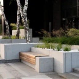 Nowoczesna aranżacja przestrzeni miejskiej z betonowymi donicami, białymi kamykami, brzozami i drewnianą ławką, prowadząca do wejścia budynku z obrotowymi drzwiami.