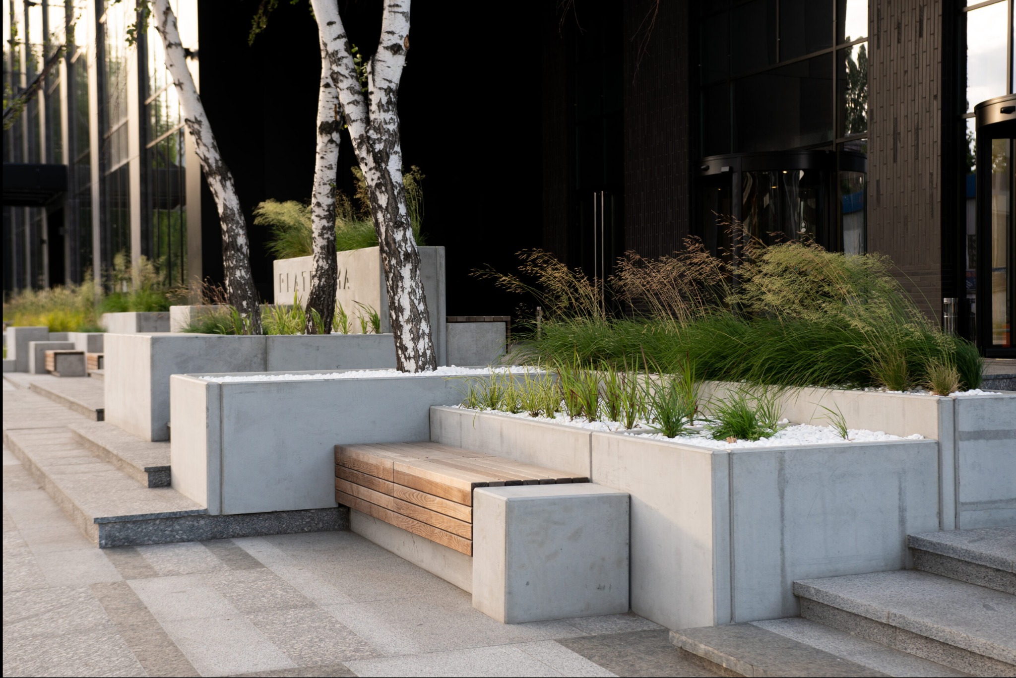 Nowoczesna aranżacja przestrzeni miejskiej z betonowymi donicami, białymi kamykami, brzozami i drewnianą ławką, prowadząca do wejścia budynku z obrotowymi drzwiami.