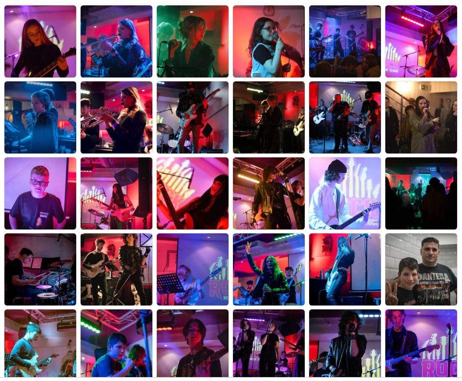 Kolaż zdjęć z występów muzycznych: młodzi muzycy grający na instrumentach, wokaliści śpiewający do mikrofonu, sceny oświetlone kolorowymi światłami, niektóre zdjęcia z publicznością w tle...