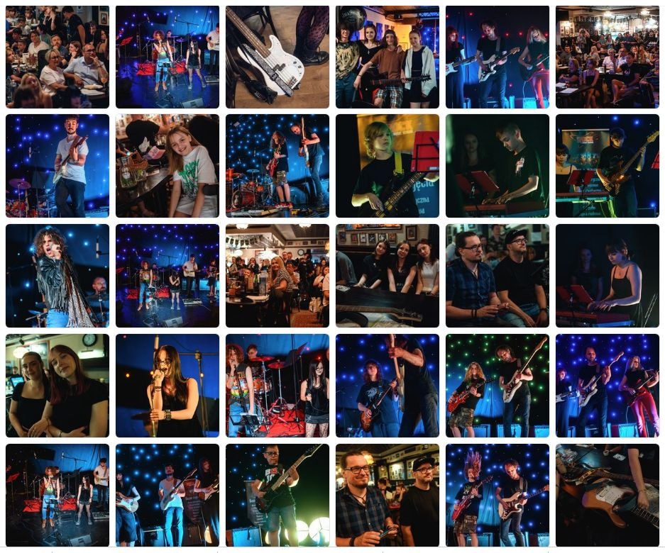 Kolaż zdjęć z występów różnych zespołów muzycznych, w tym ujęcia z gitarami, perkusją, keyboardami, saksofonem oraz publicznością w lokalach z oświetleniem scenicznym.