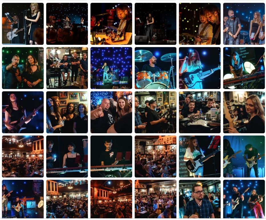Kolaż zdjęć przedstawiających występy muzyczne, zespoły i muzyków grających na instrumentach w różnych lokalach, w tym sceny z oświetleniem punktowym i pełne sale publiczności.