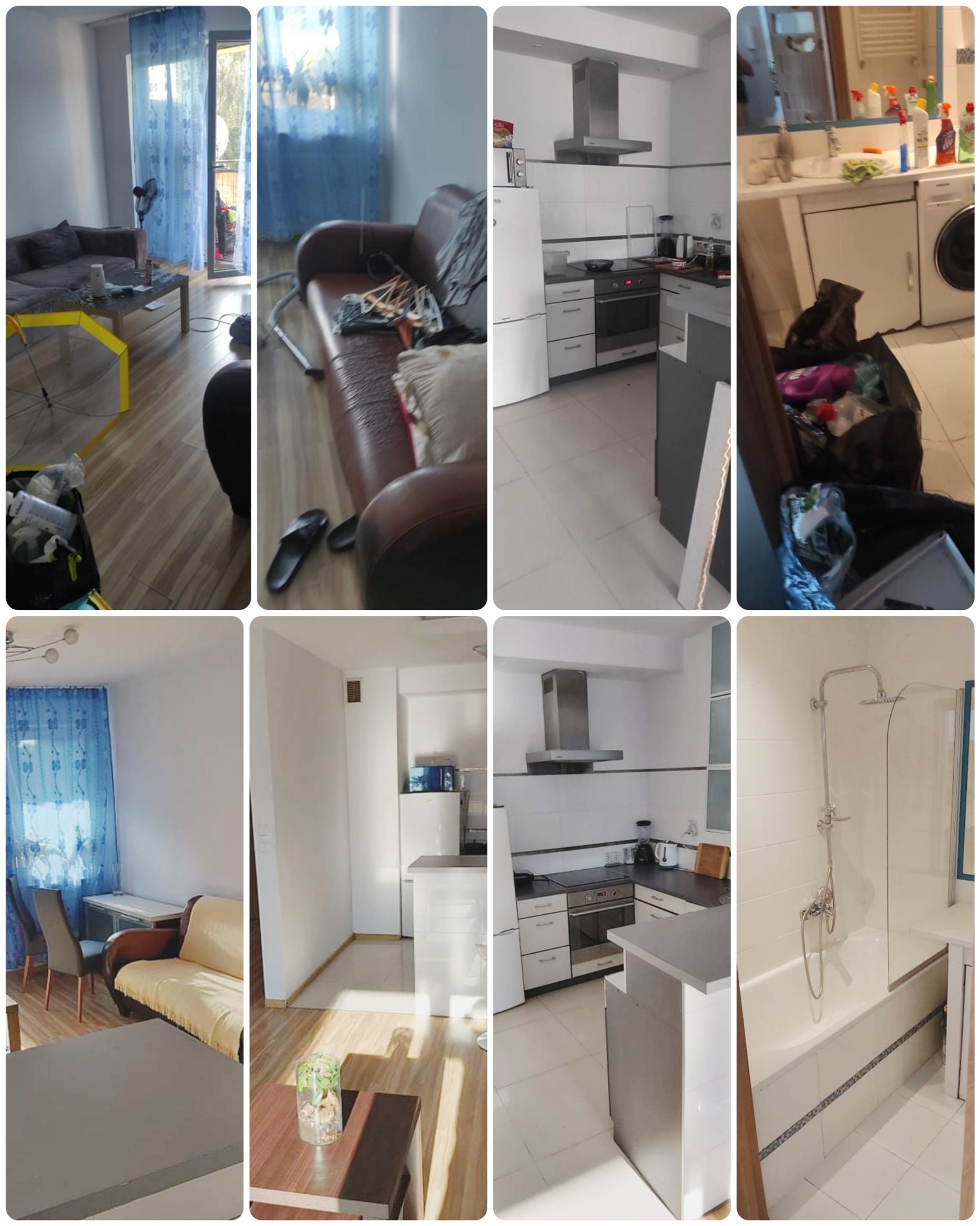 Kompozycja zdjęć wnętrz mieszkania przed opróżnianiem: salon z brązową sofą i żółtym parasolem, kuchnia z białymi meblami i łazienka z wanną i prysznicem.