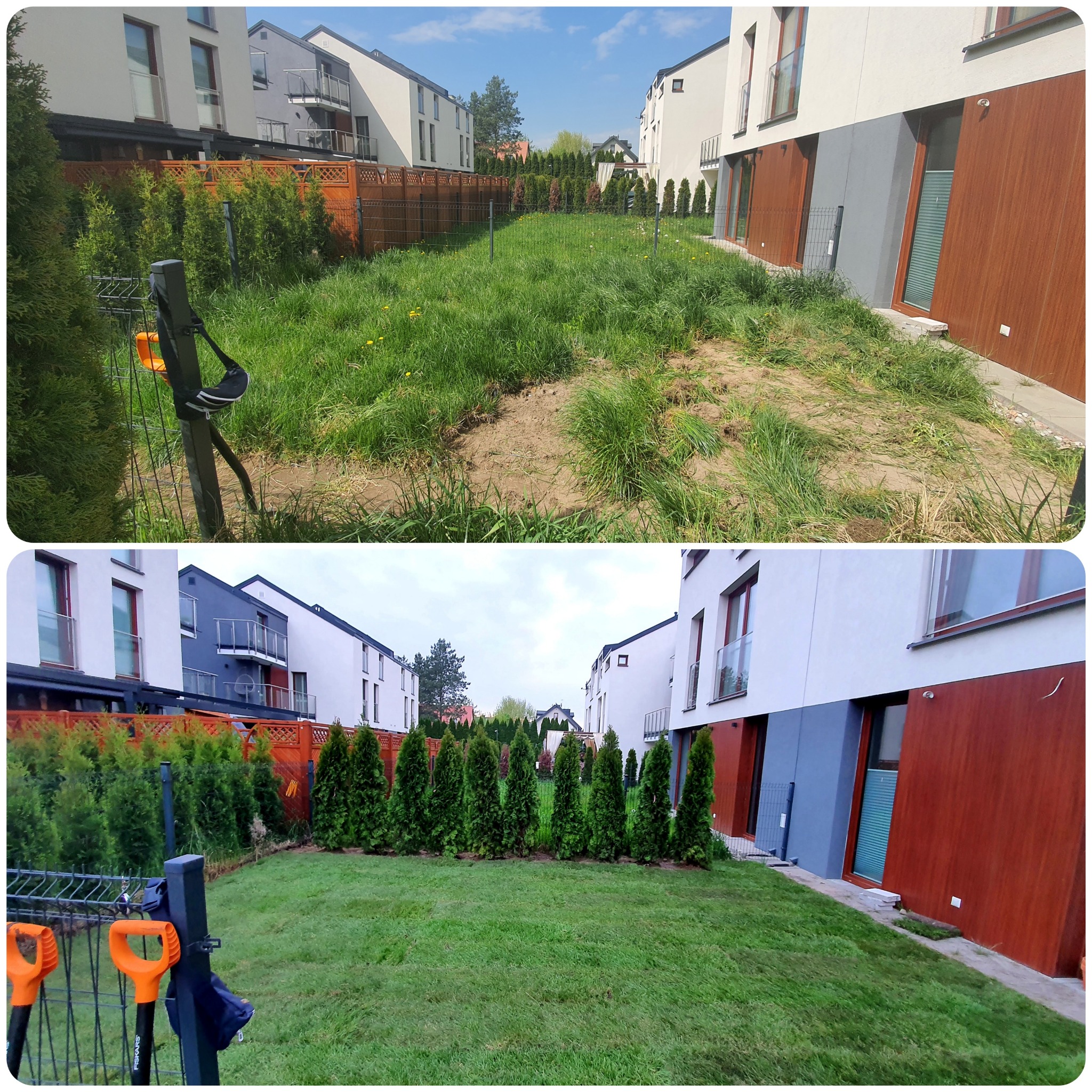 Porównanie stanu trawnika przed i po: zaniedbana trawa z chwastami kontra równo przystrzyżona, zielona murawa przed szeregowcami.