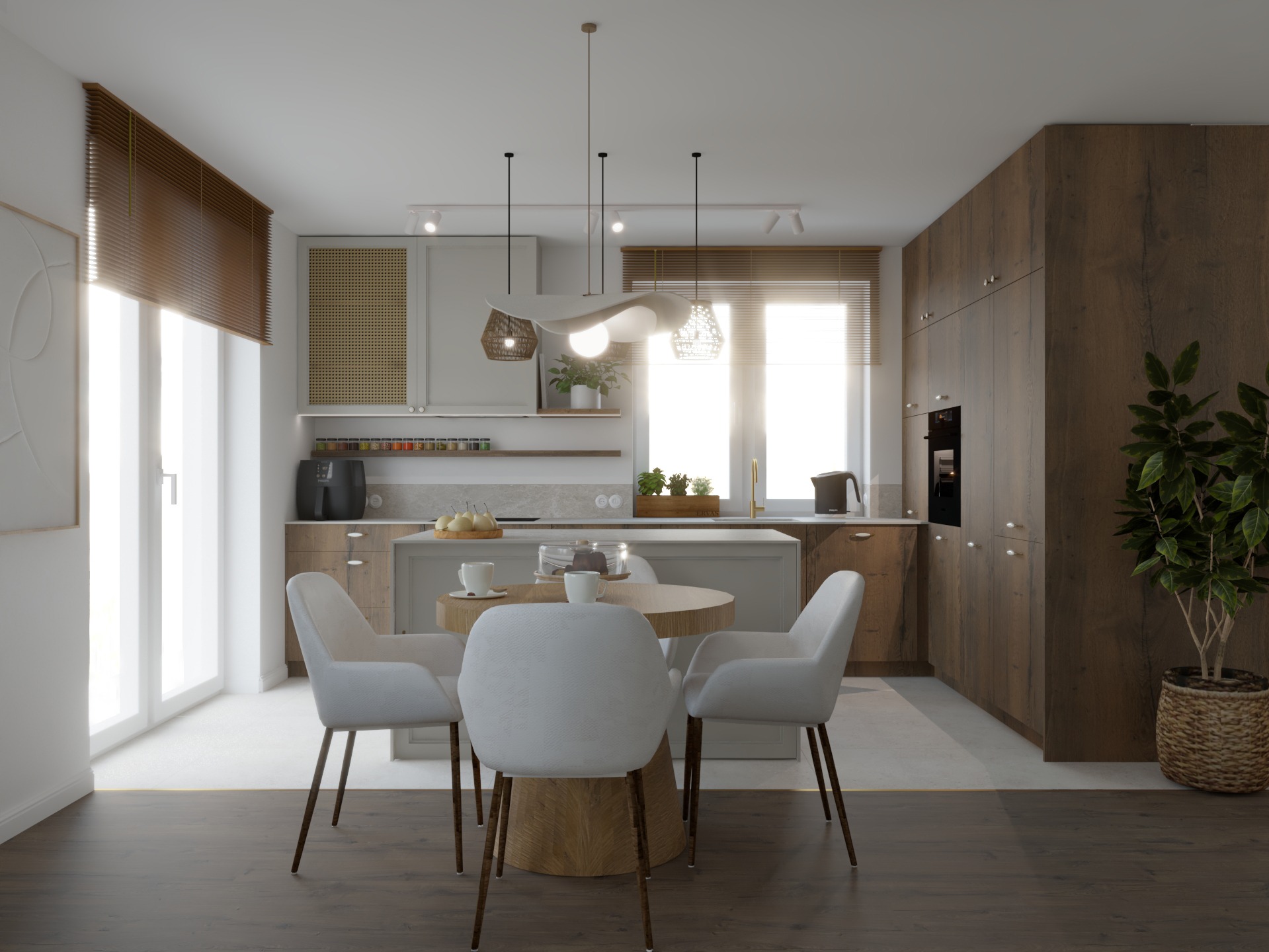 Jasna, nowoczesna kuchnia z drewnianymi akcentami. Okrągły stół z białymi krzesłami, wyspa kuchenna i rośliny doniczkowe tworzą przytulną atmosferę.