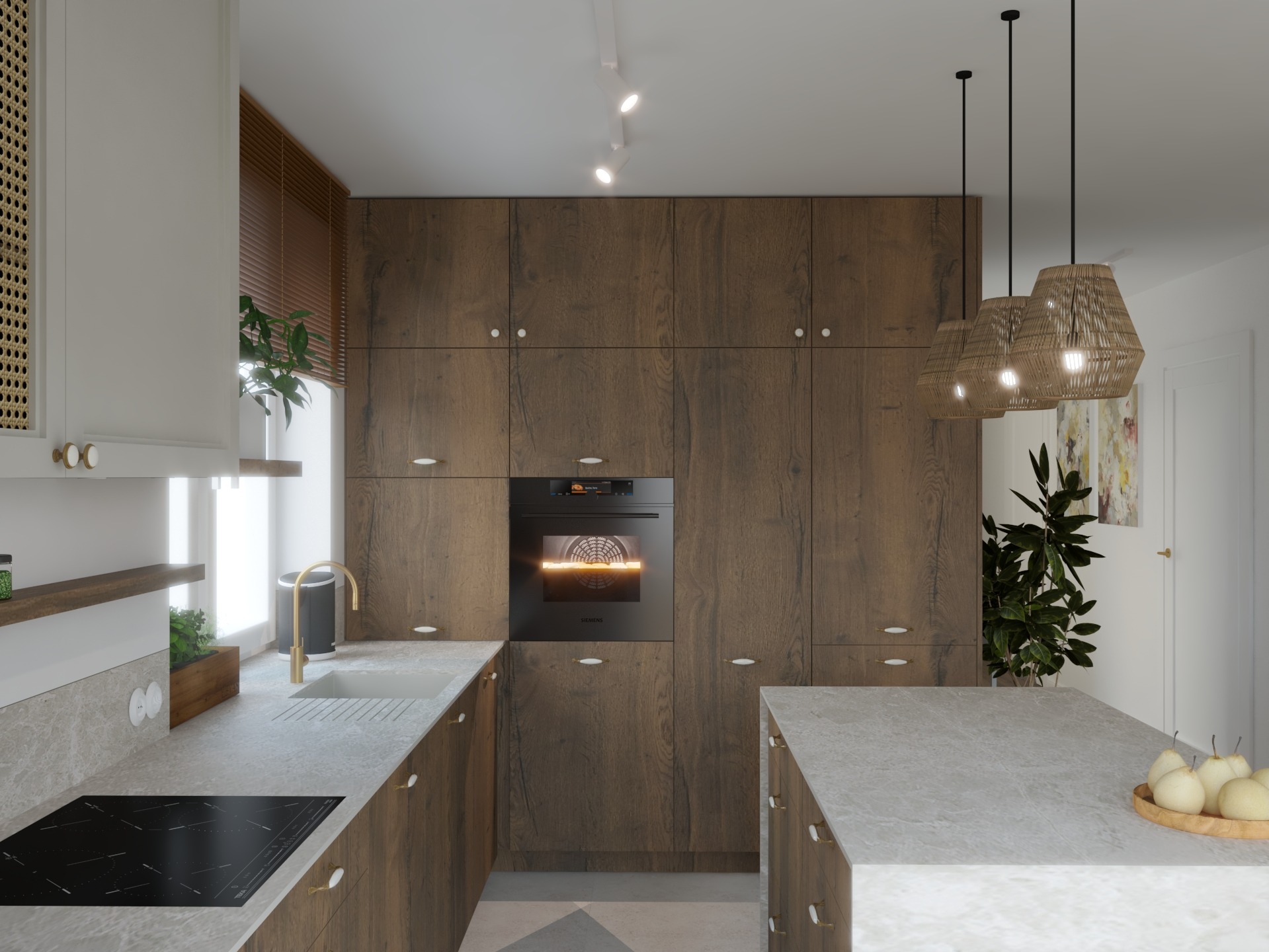 Nowoczesna kuchnia z drewnianymi frontami, wyspą i sprzętem Siemens. Oświetlenie punktowe i lampy wiszące z abażurami. Rośliny doniczkowe dodają naturalnego akcentu.